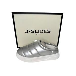 J/Slides NYC Silver Puffer Mules Metallic‎ Quilted Platform Slip On 6.5M NIB